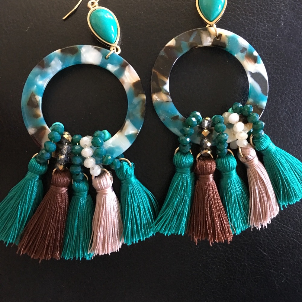 Turquoise acetate beaded fringe dangle earrings - Picture 5 of 8